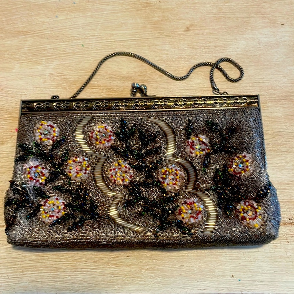 Vintage beaded gold & silver evening bag with touch of red